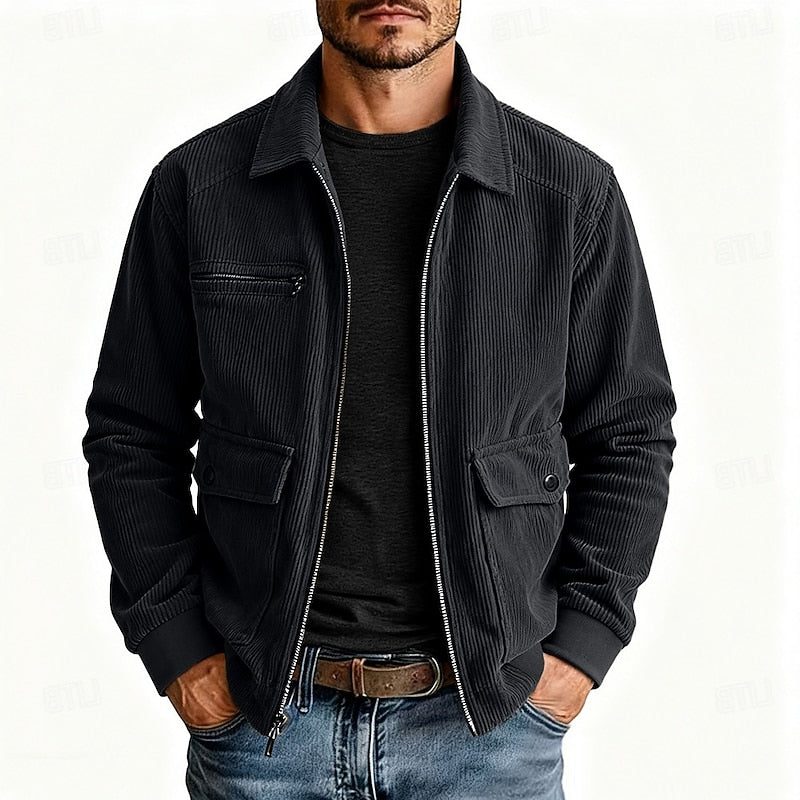 Men's Corduroy Zip-Up Jacket with Ribbed Cuffs