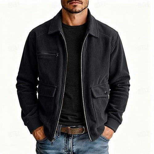 Men's Corduroy Zip-Up Jacket with Ribbed Cuffs