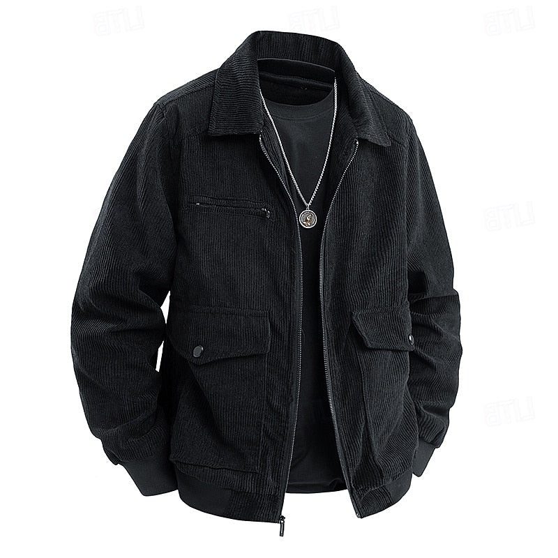 Men's Corduroy Zip-Up Jacket with Ribbed Cuffs - Black