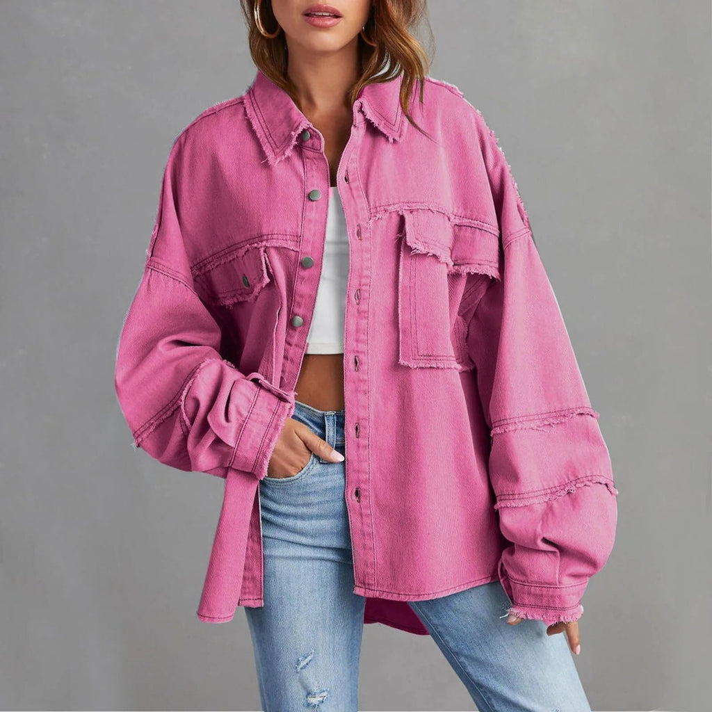 Women's Frayed Hem Oversized Denim Shacket - Hot Pink