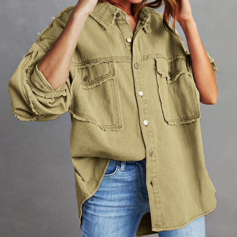 Women's Frayed Hem Oversized Denim Shacket - Oak Brown