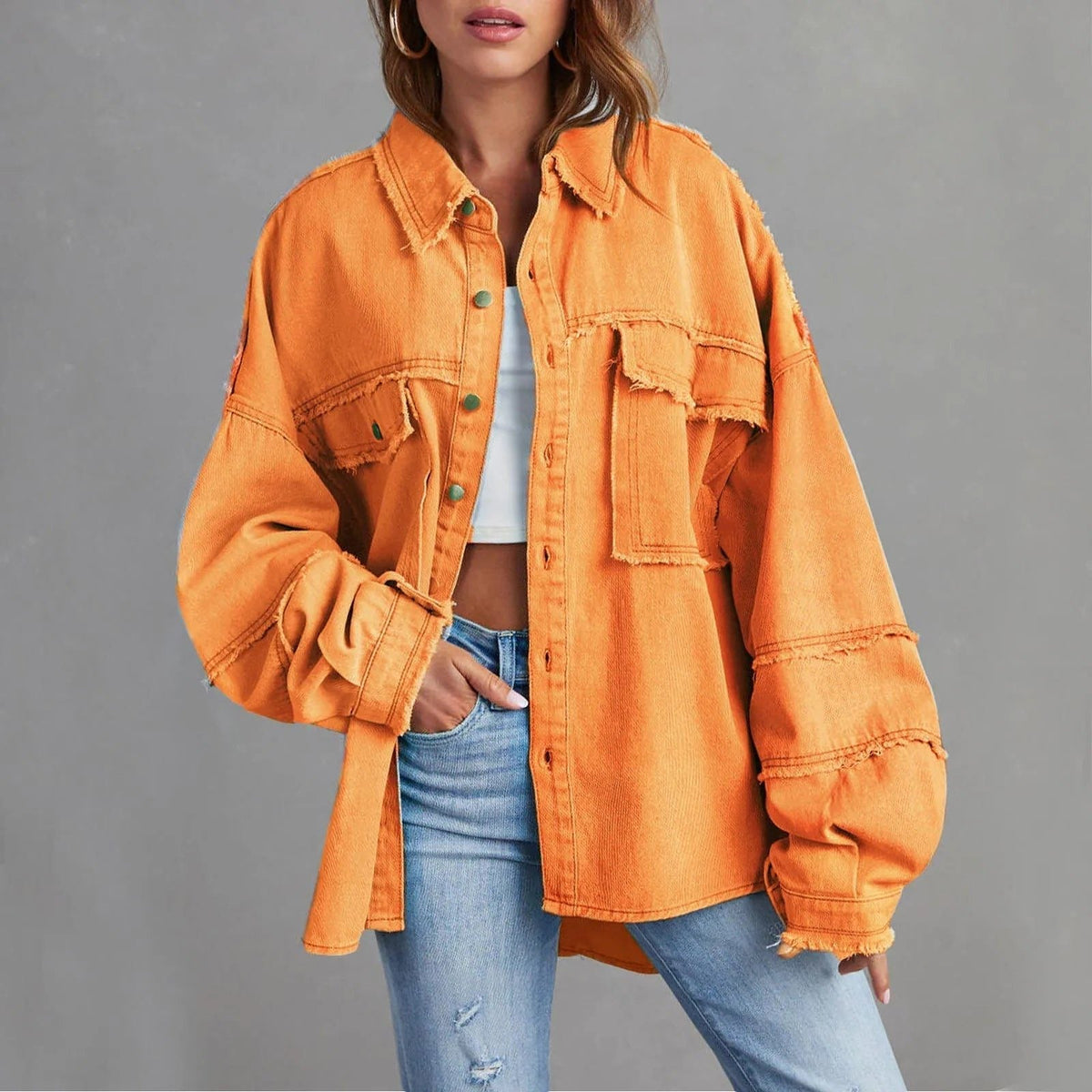 Women's Frayed Hem Oversized Denim Shacket - Scarlet Orange