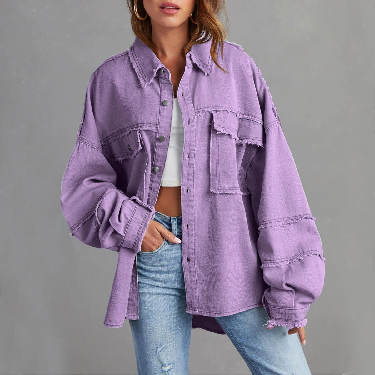 Women's Frayed Hem Oversized Denim Shacket - Lavender Purple