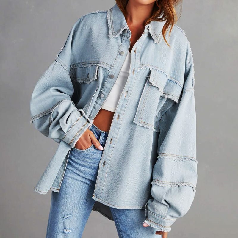 Women's Frayed Hem Oversized Denim Shacket - Denim Blue