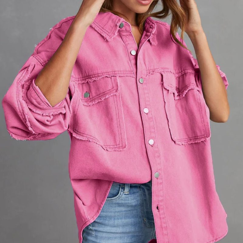 Women's Frayed Hem Oversized Denim Shacket