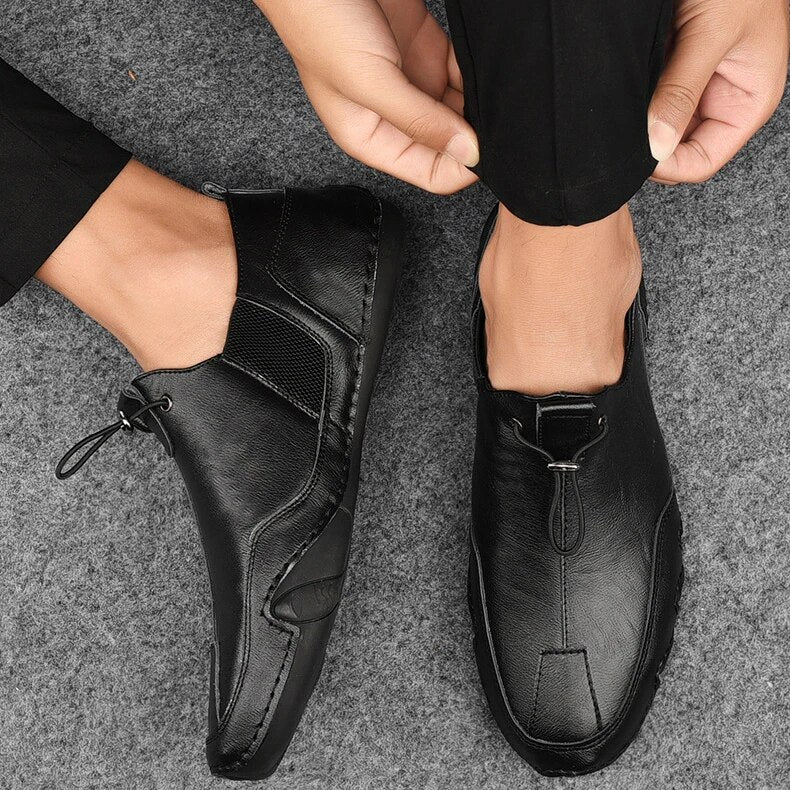 Men's Leather Loafers with Drawcord and Mesh Panels
