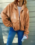 Women's Textured Sherpa Button-Up Jacket with Stand Collar - Brown