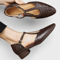 Women's Round-Toe Quilted Leather Mary Janes with Buckle Strap - Brown