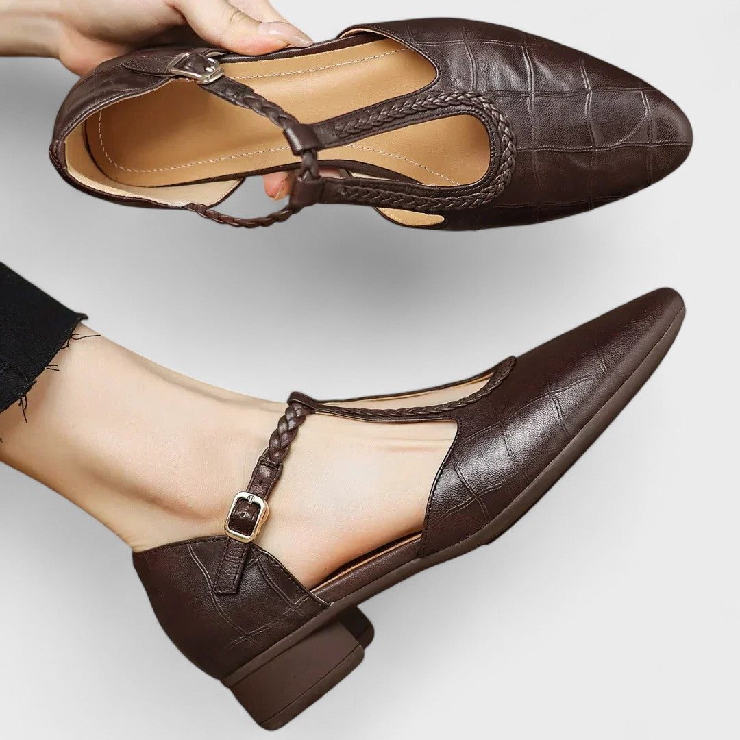 Women's Round-Toe Quilted Leather Mary Janes with Buckle Strap - Brown