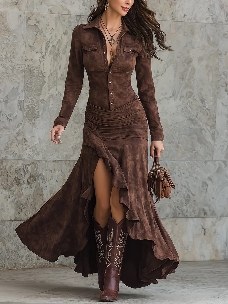 Women's Suede Ruched Waist Button-Front Shirt Maxi Dress - Brown