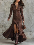 Women's Suede Ruched Waist Button-Front Shirt Maxi Dress - Brown
