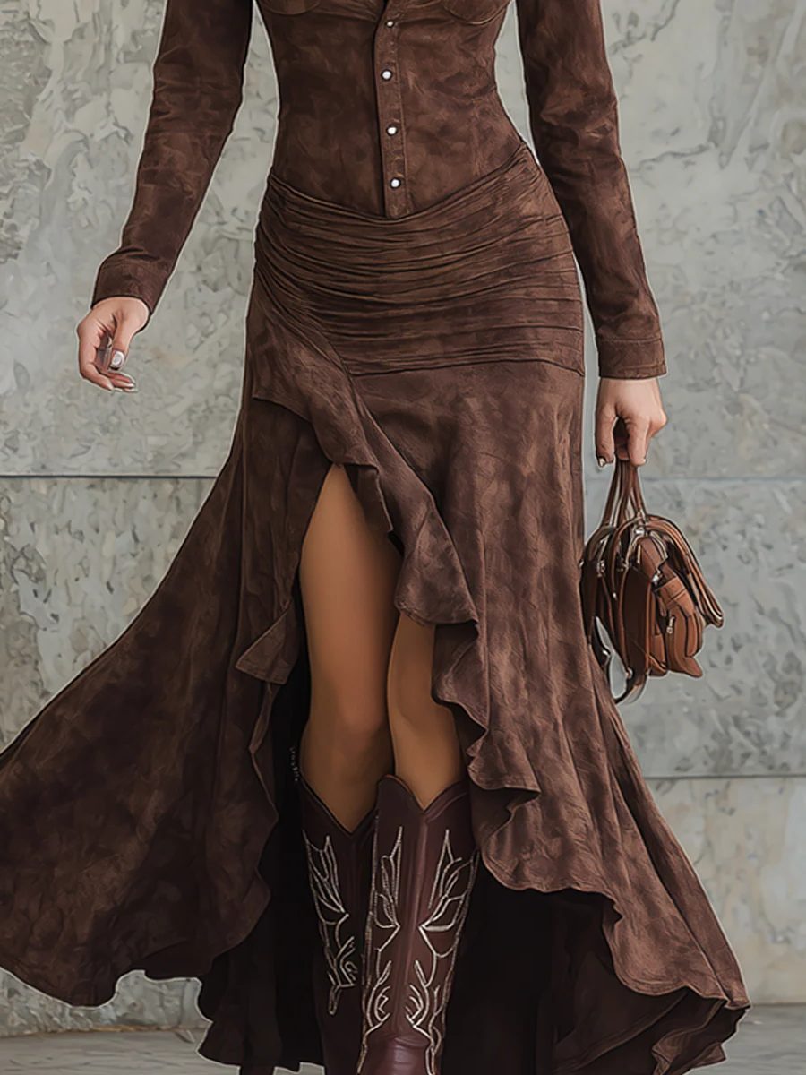 Women's Suede Ruched Waist Button-Front Shirt Maxi Dress