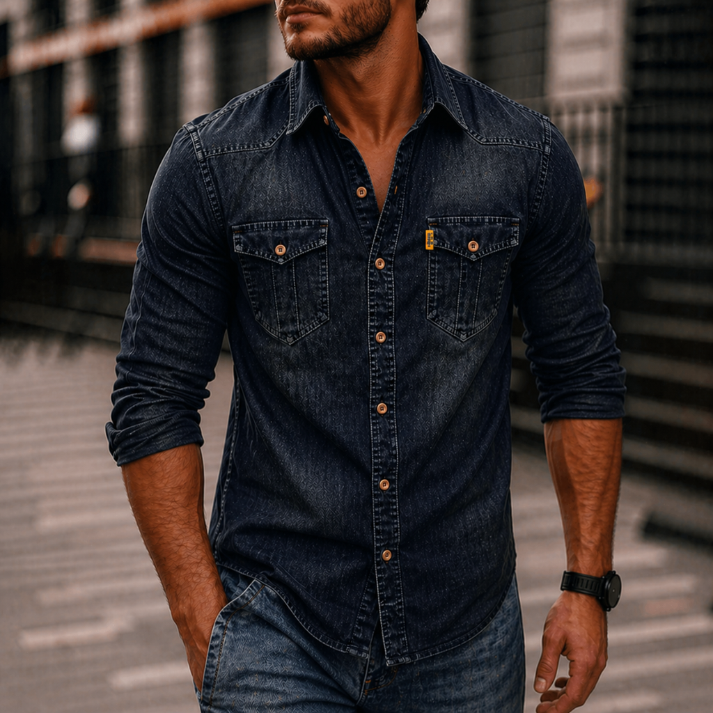 Men's Denim Long Sleeve Shirt Casual Button Up