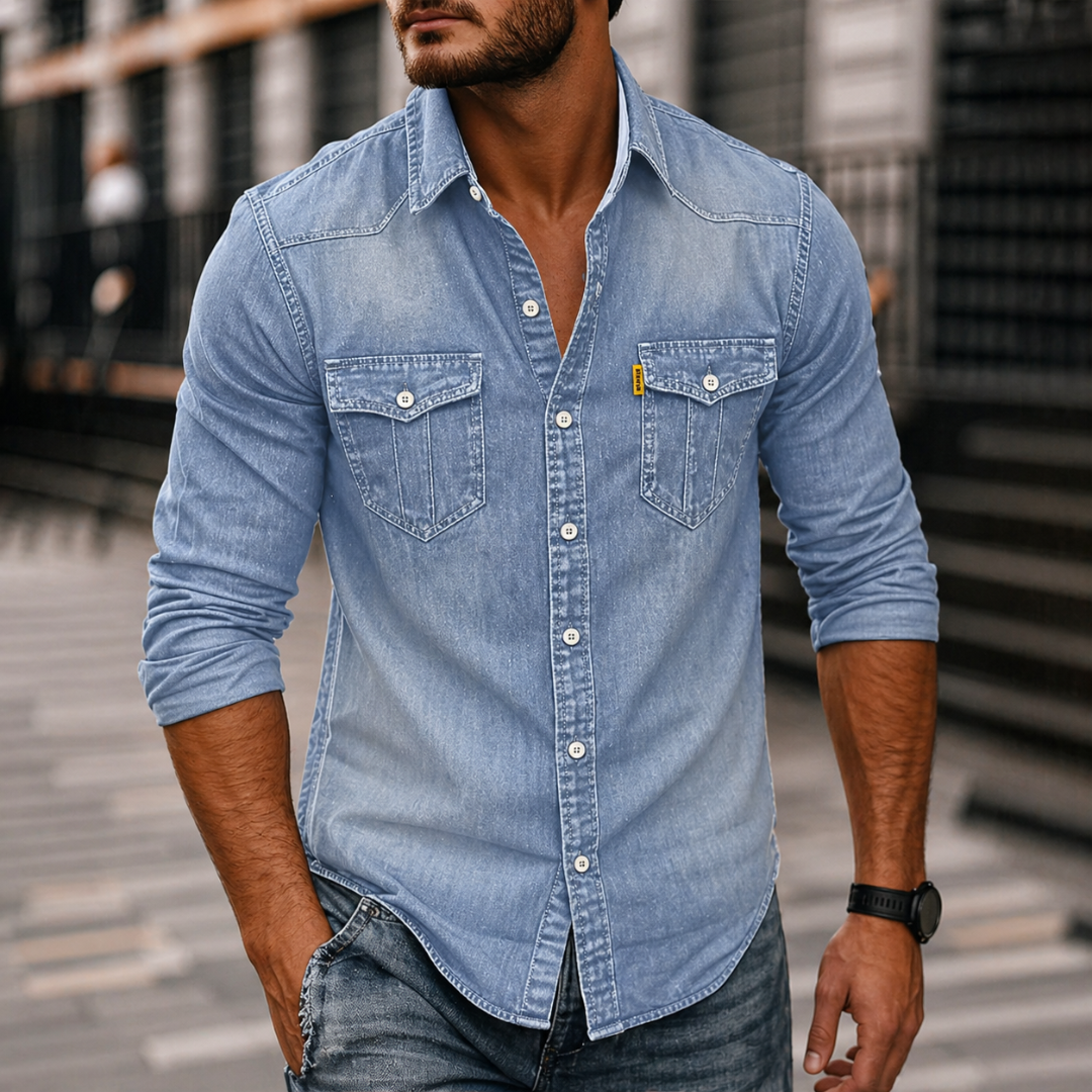Men's Denim Long Sleeve Shirt Casual Button Up