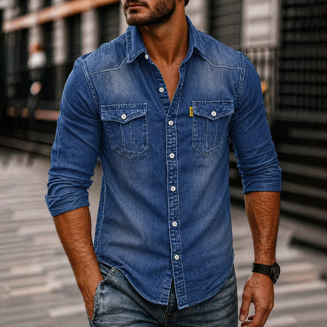 Men's Denim Long Sleeve Shirt Casual Button Up