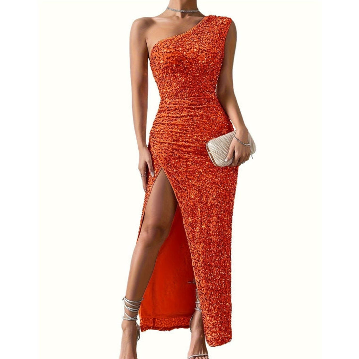 Women's Full Sequin Asymmetric Neckline Maxi Dress with Slit - Orange