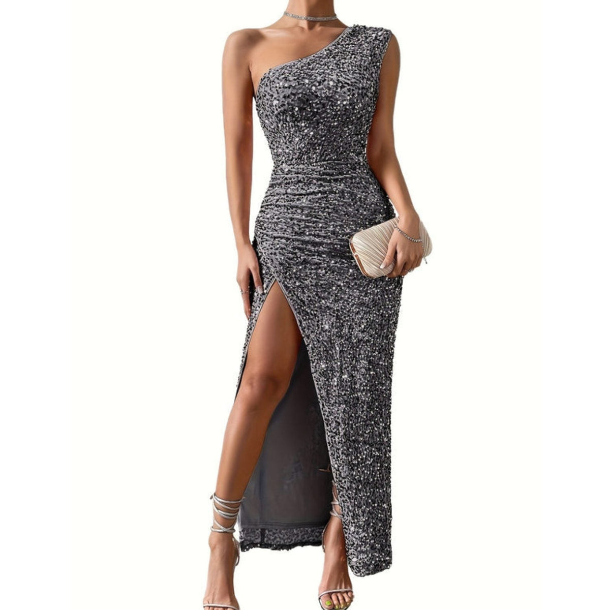 Women's Full Sequin Asymmetric Neckline Maxi Dress with Slit - Gray