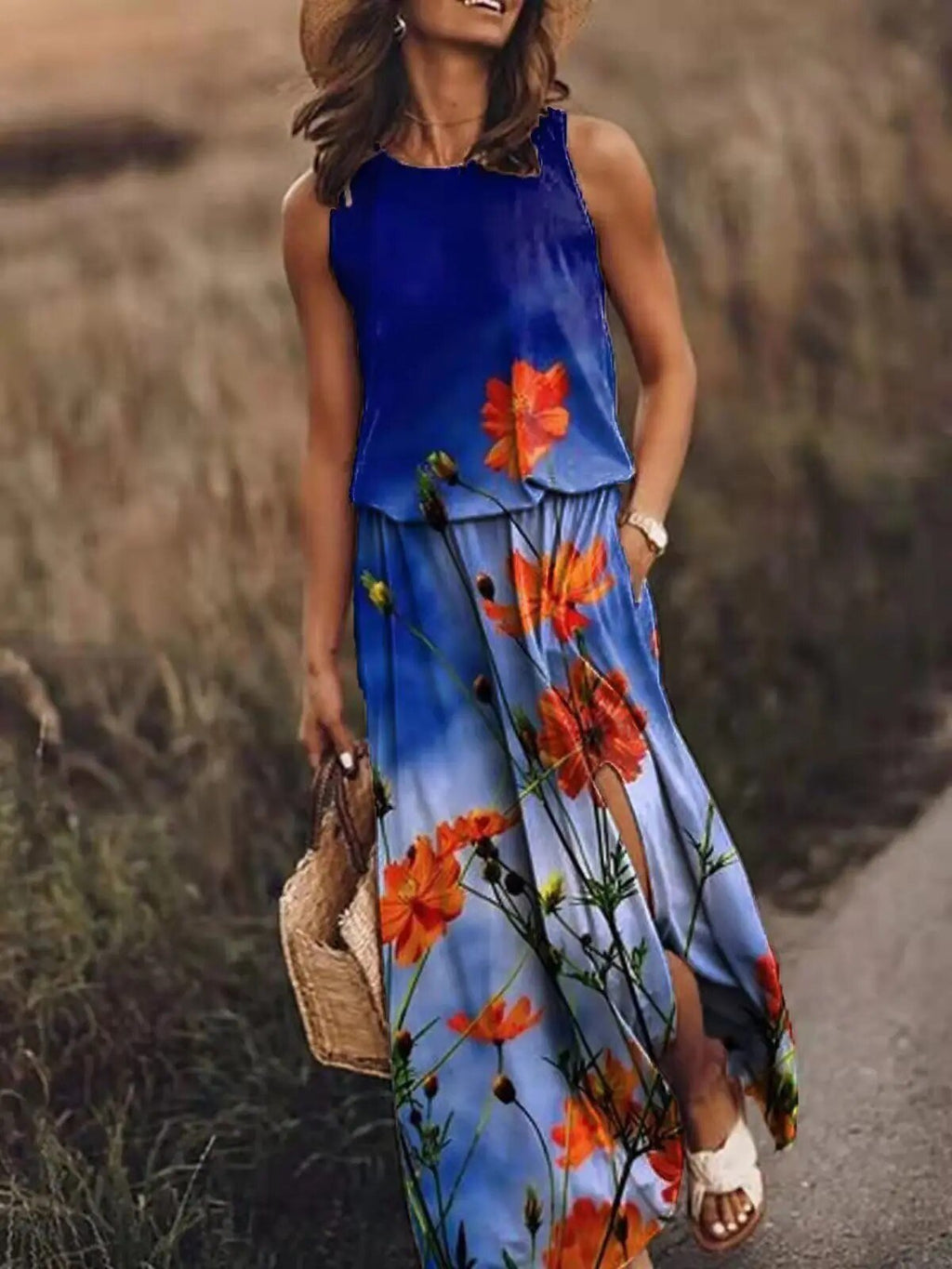 Women's Sleeveless Maxi Dress Elastic Waist Bohemian Summer