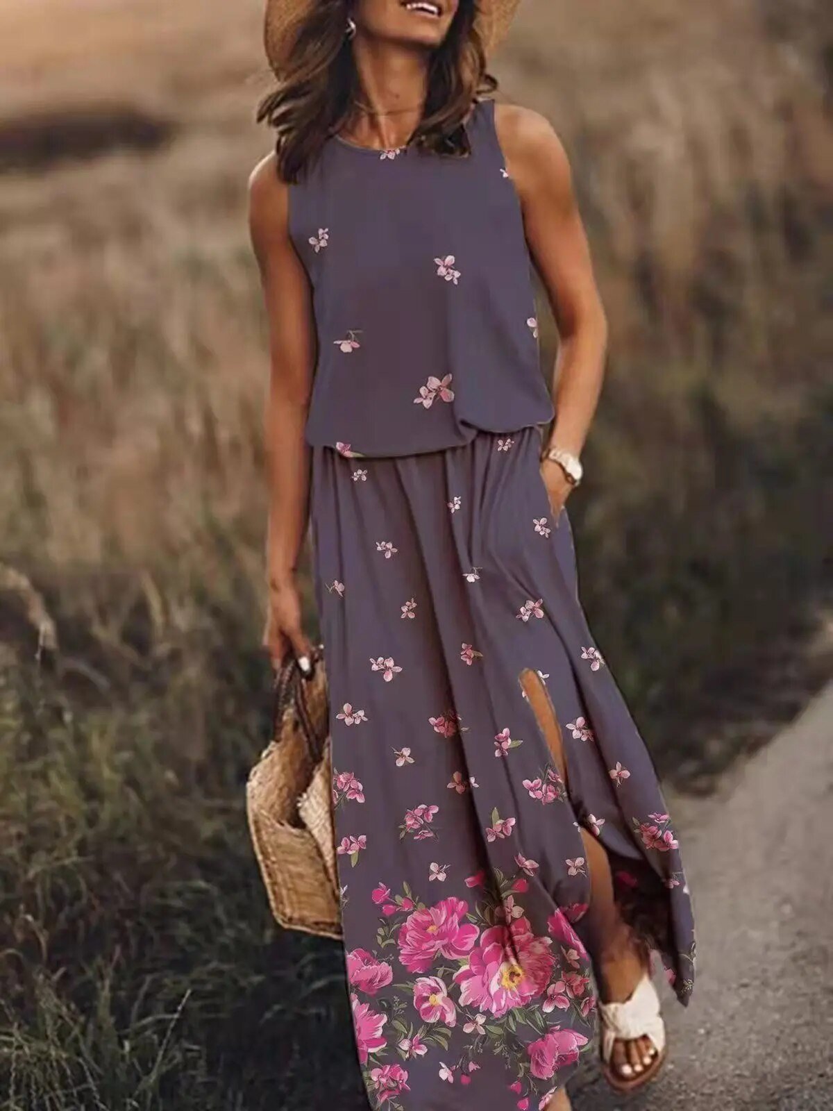 Women's Sleeveless Maxi Dress Elastic Waist Bohemian Summer