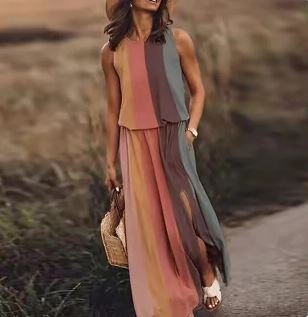 Women's Sleeveless Maxi Dress Elastic Waist Bohemian Summer