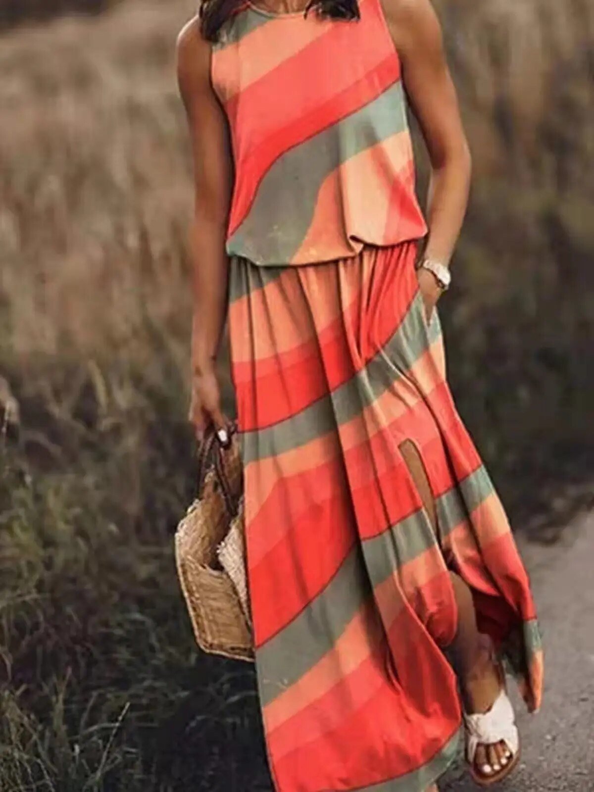 Women's Sleeveless Maxi Dress Elastic Waist Bohemian Summer