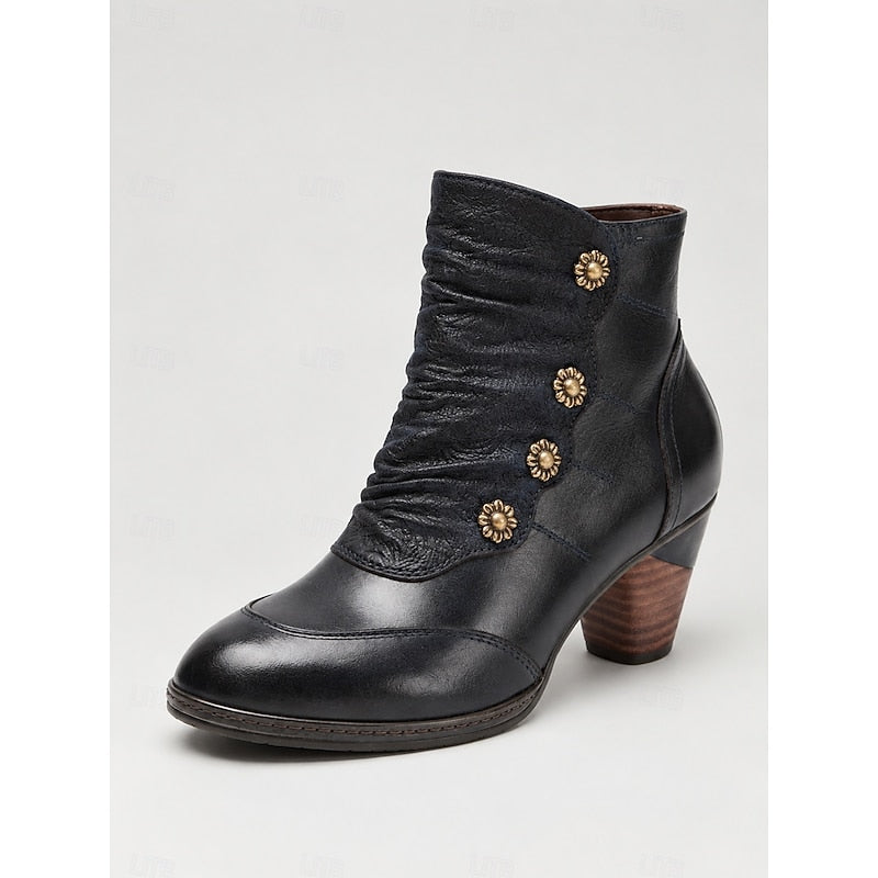 Women's Floral Button Ruched Booties with Stacked Heel