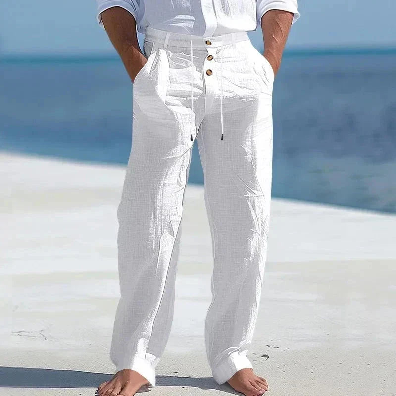 Men's Linen Drawstring Trousers Relaxed Summer Pants for Beach