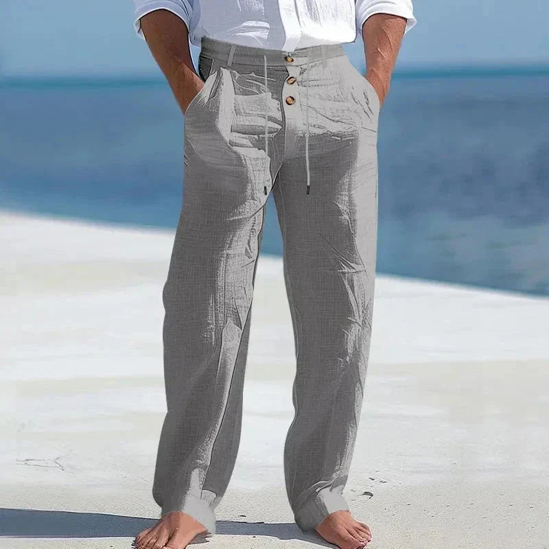 Men's Linen Drawstring Trousers Relaxed Summer Pants for Beach