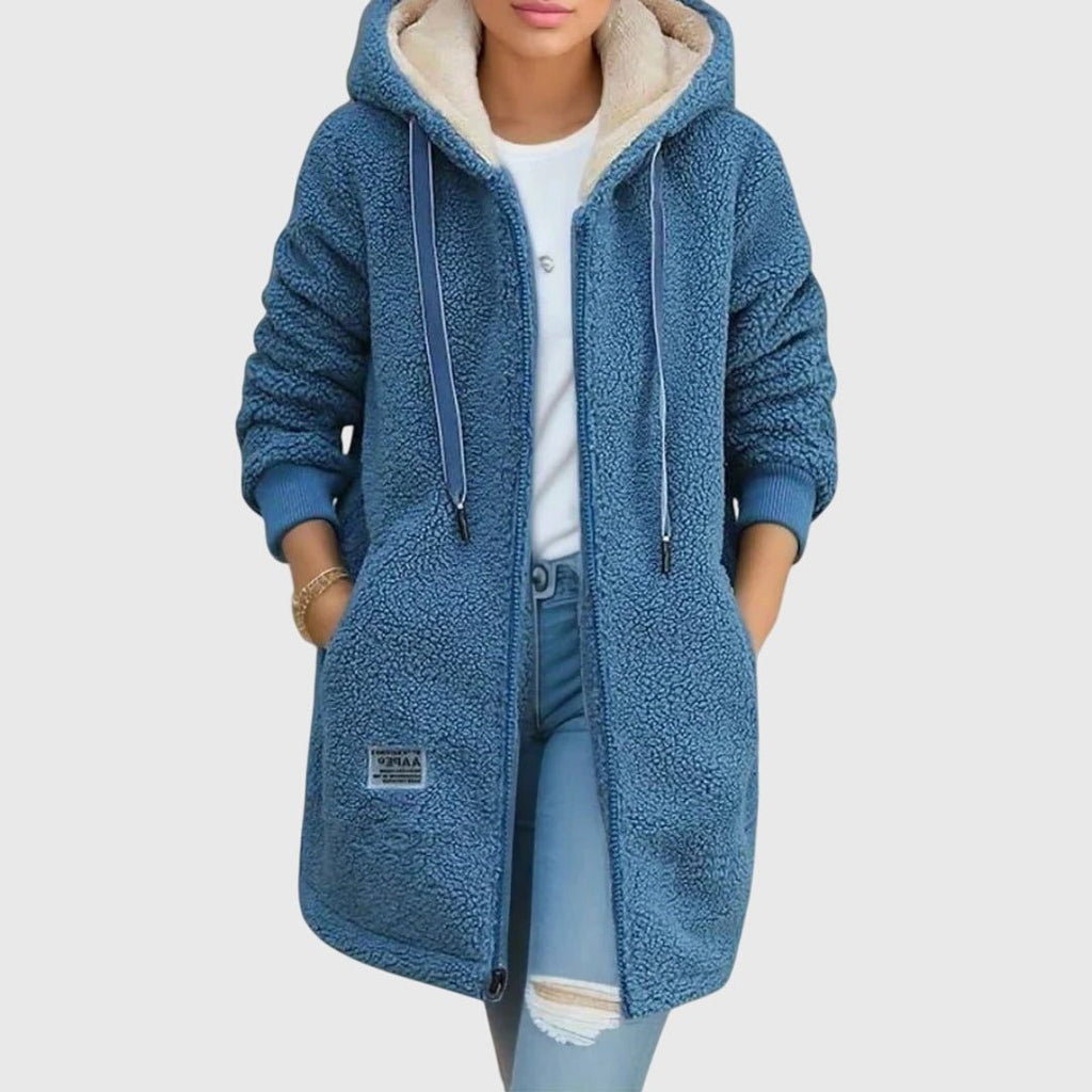Women's Textured Fleece Zip Hoodie with Sherpa Hood Lining - Blue