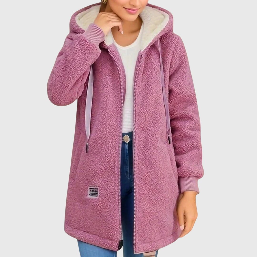 Women's Textured Fleece Zip Hoodie with Sherpa Hood Lining - Pink