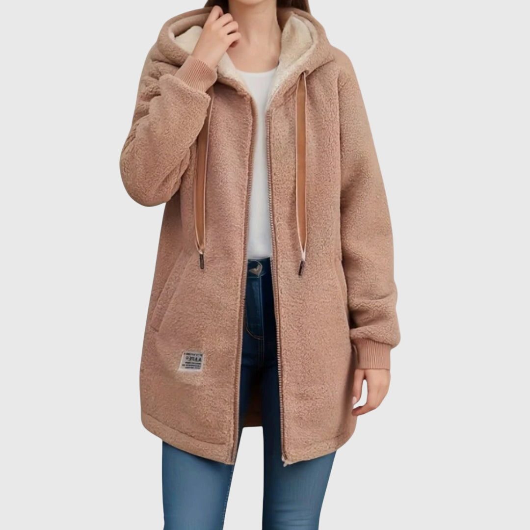 Women's Textured Fleece Zip Hoodie with Sherpa Hood Lining - Brown