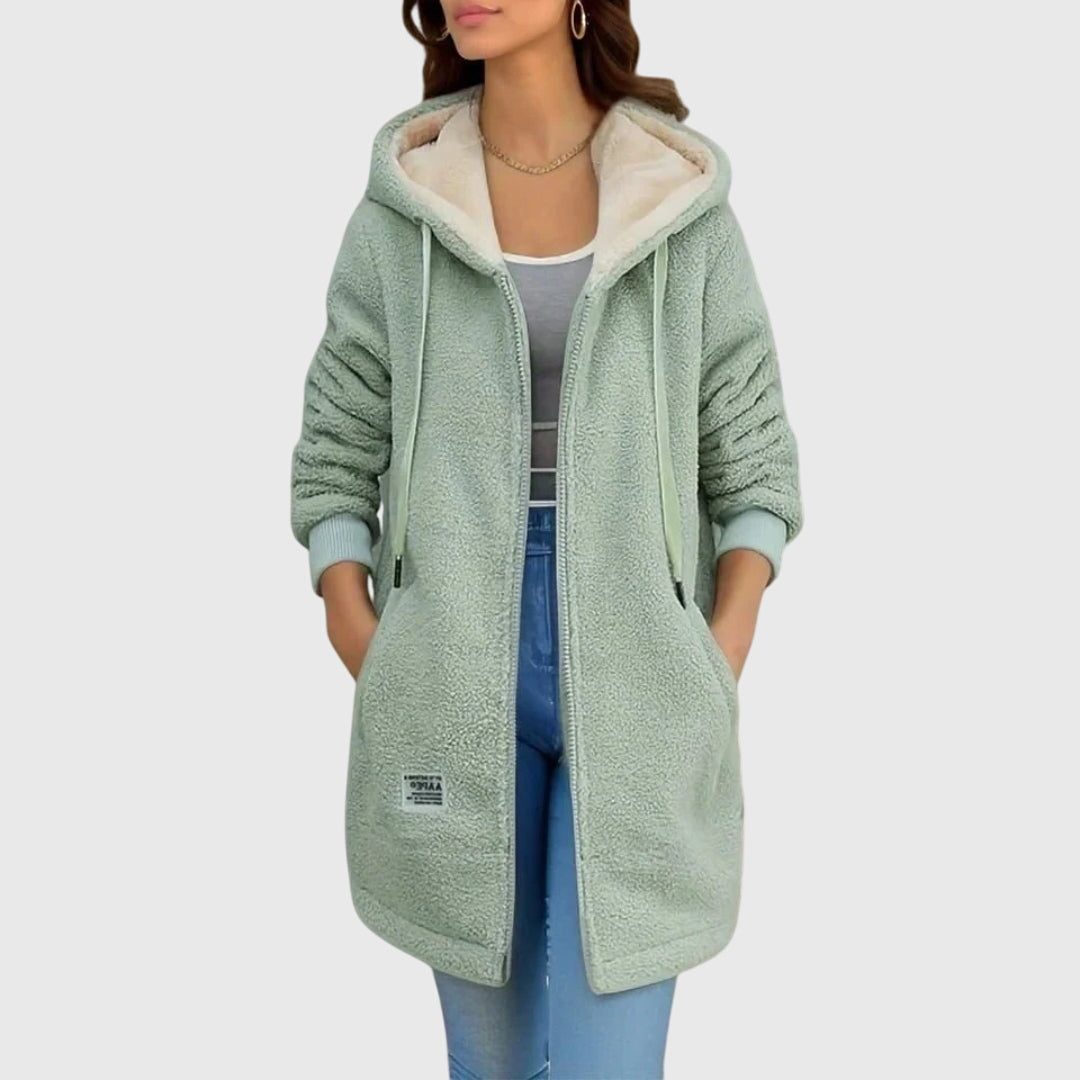 Women's Textured Fleece Zip Hoodie with Sherpa Hood Lining - Green