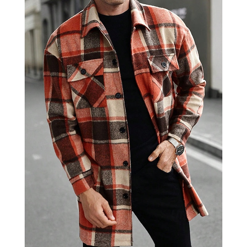 Women's Plaid Button-Up Shacket with Utility Pockets - Orange