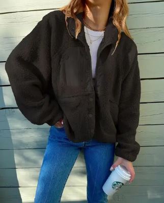 Women's Textured Sherpa Button-Up Jacket with Stand Collar - Black