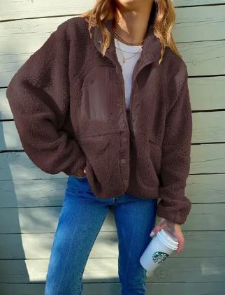Women's Textured Sherpa Button-Up Jacket with Stand Collar - Dark Brown
