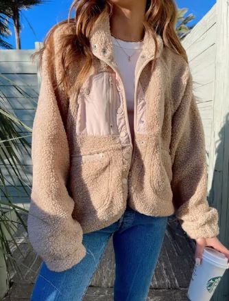 Women's Textured Sherpa Button-Up Jacket with Stand Collar - Beige