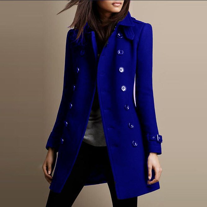 Women's Wool-Blend Layering Coat with Double-Breasted Front - Blue