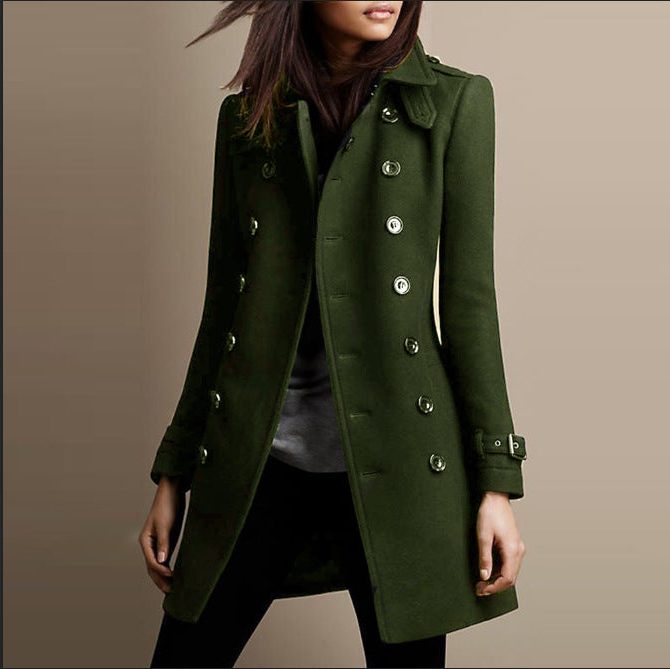 Women's Wool-Blend Layering Coat with Double-Breasted Front - Green