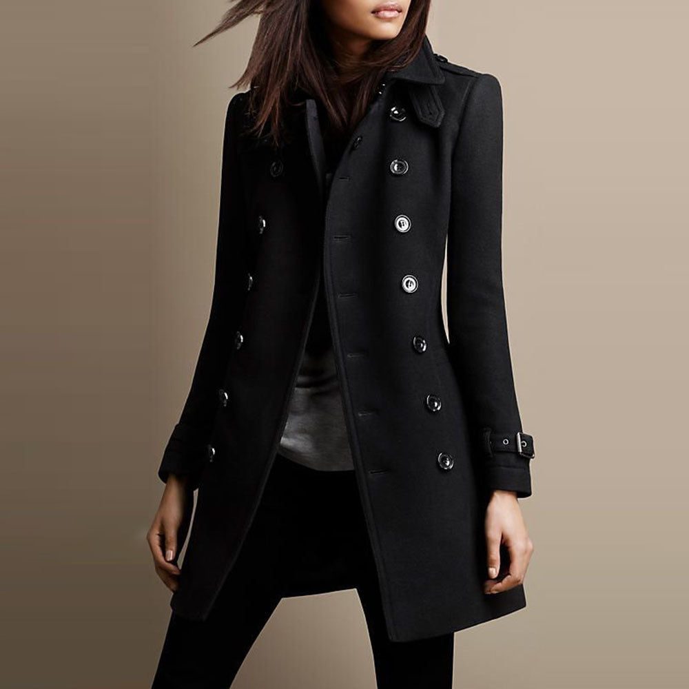 Women's Wool-Blend Layering Coat with Double-Breasted Front - Black