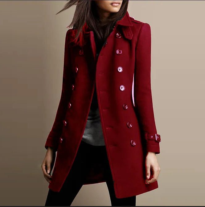 Women's Wool-Blend Layering Coat with Double-Breasted Front - Red