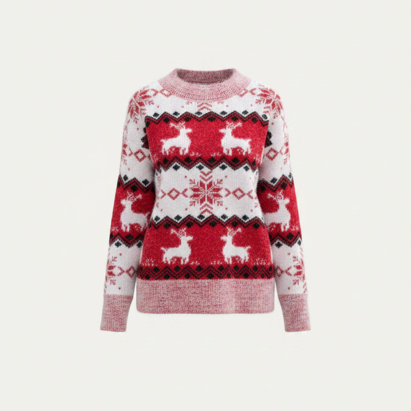 Women's Snowflake and Reindeer Fair Isle Winter Sweater - Red