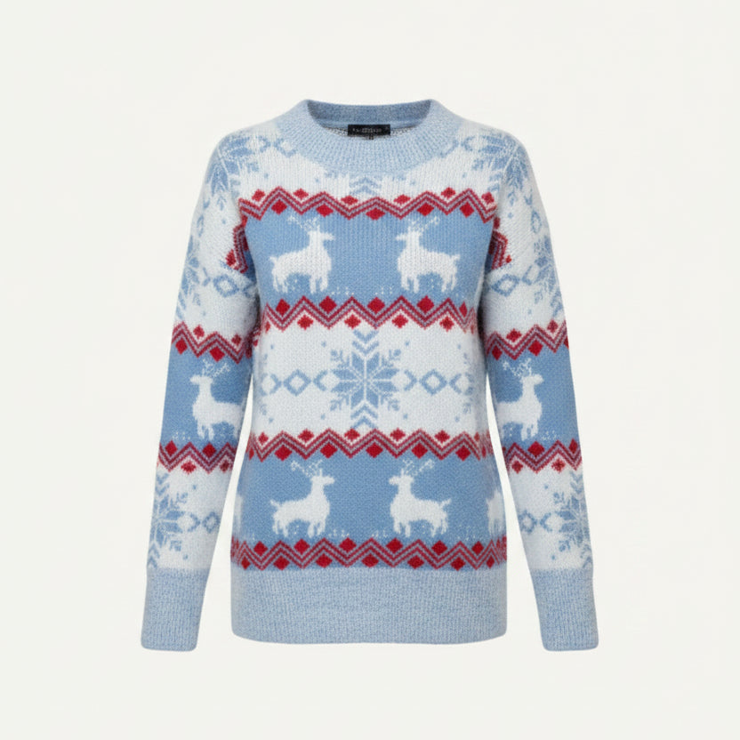 Women's Snowflake and Reindeer Fair Isle Winter Sweater - Light Blue
