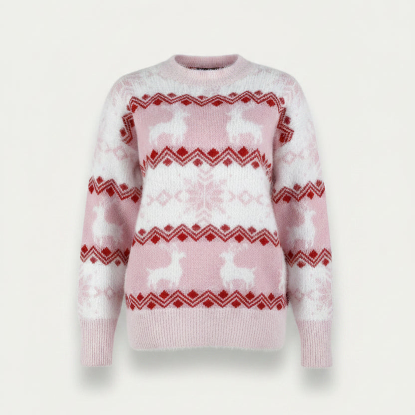 Women's Snowflake and Reindeer Fair Isle Winter Sweater - Pink