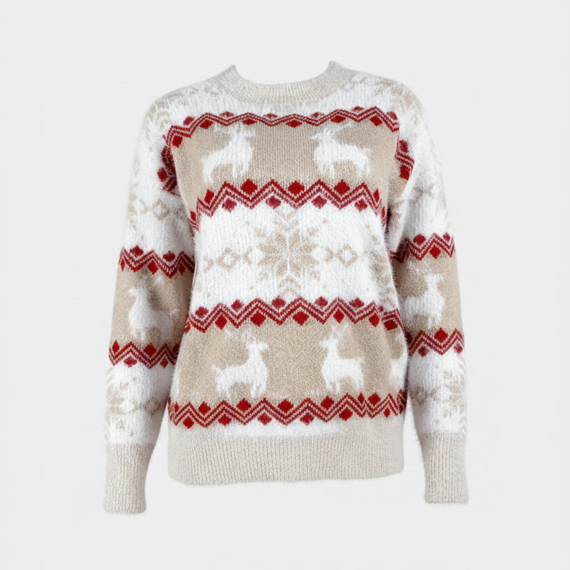 Women's Snowflake and Reindeer Fair Isle Winter Sweater - Khaki