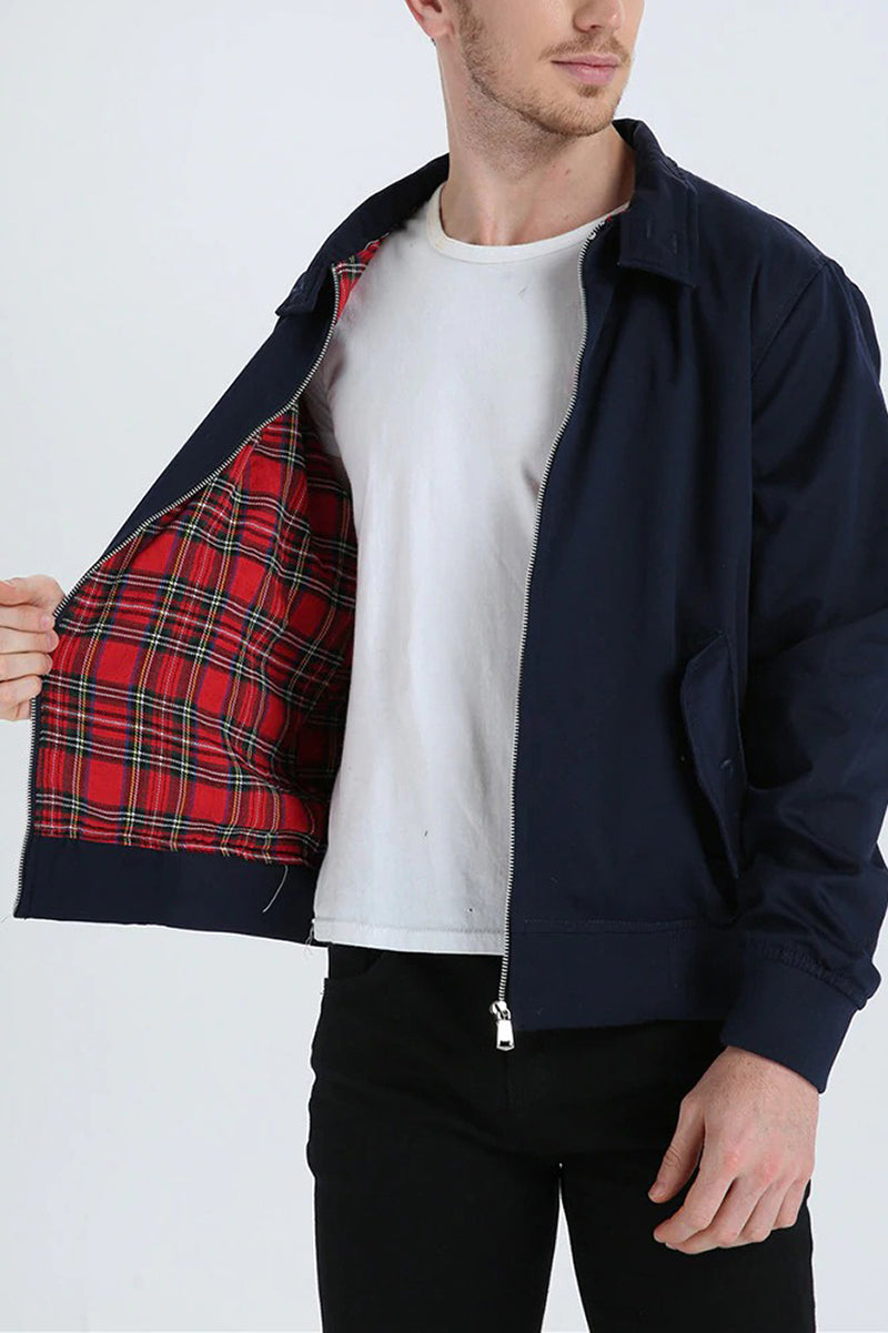 Men's Harrington Jacket Tartan Lined Zip Up Casual Outerwear