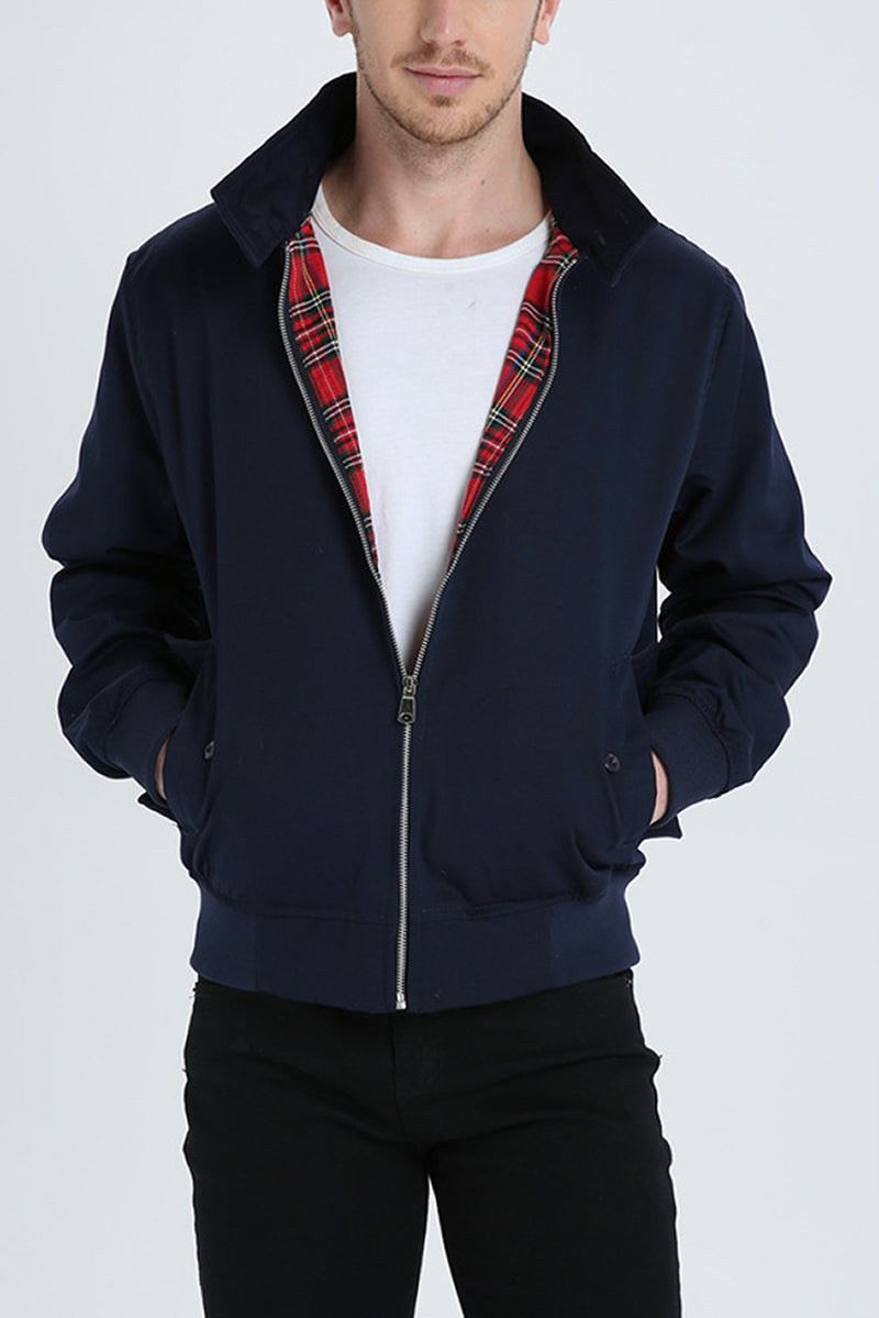 Men's Harrington Jacket Tartan Lined Zip Up Casual Outerwear