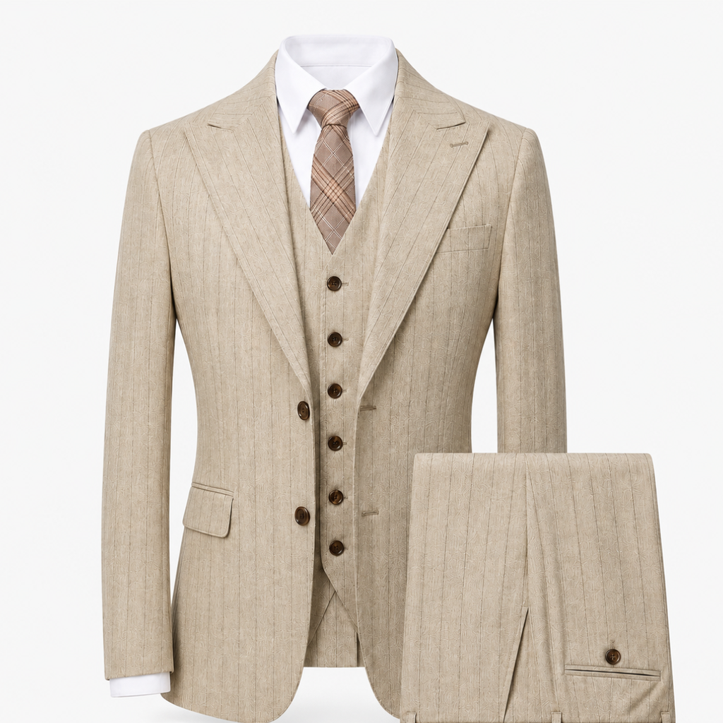 Men's Pinstripe Three Piece Suit Tailored Wedding and Formal