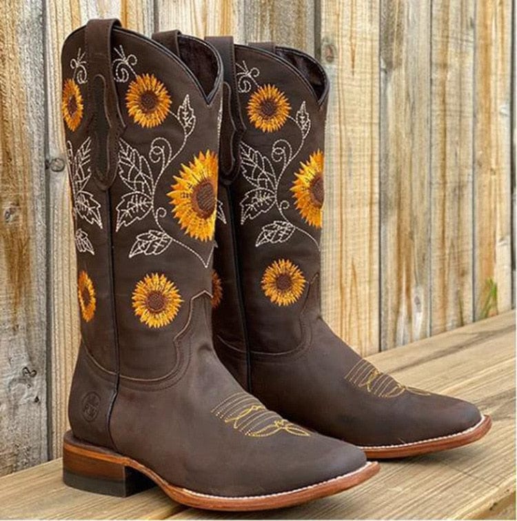 Women's Wide Calf Western Boots with Stacked Heel – Dark Brown