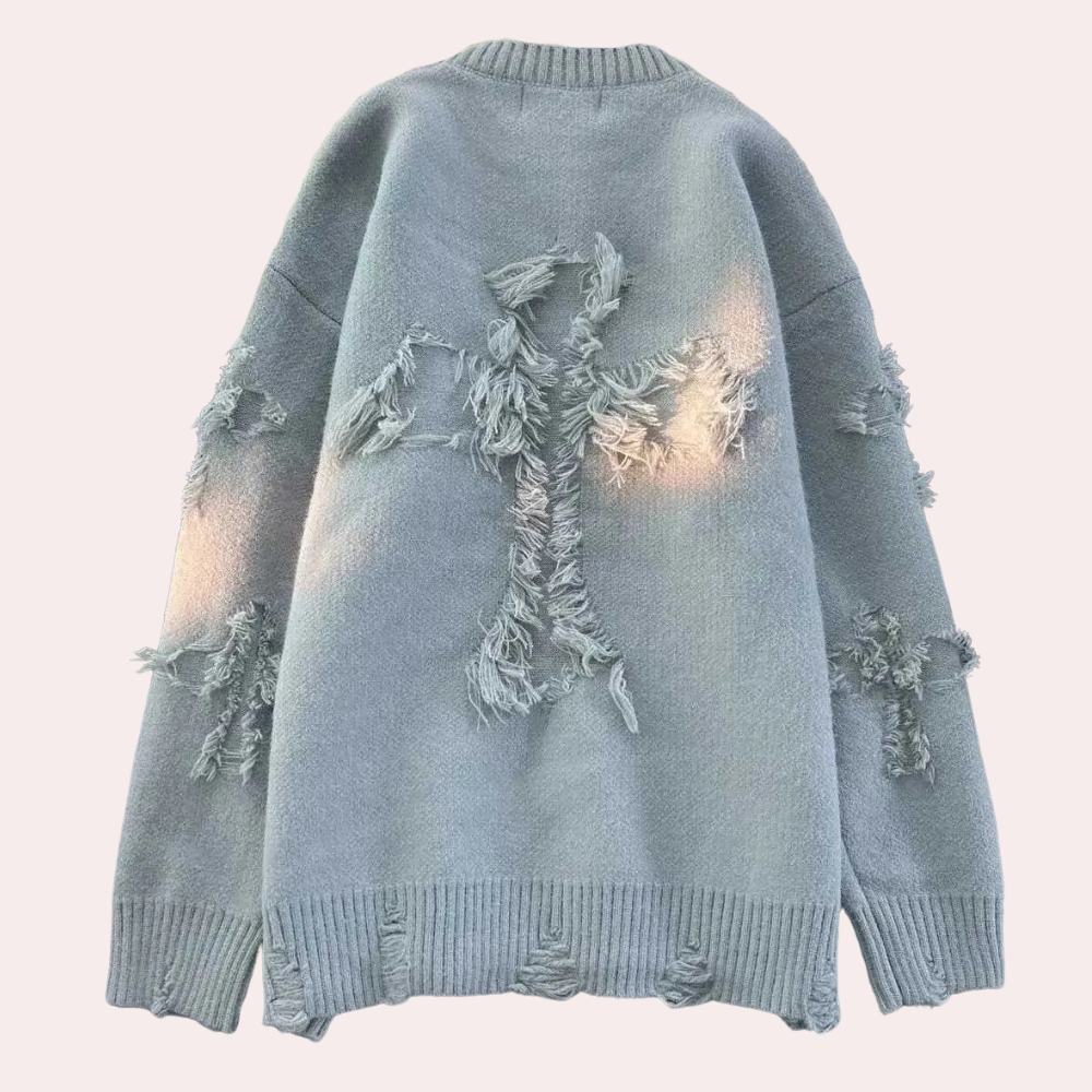Men's Oversized Printed Sweater with Ribbed Crew Neck