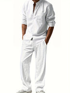 Men's Band Collar Shirt Wide Leg Trousers Two Piece